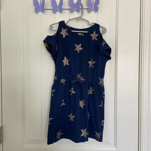 EUC | GAP Kids girl’s blue gold star patterned cutout shoulder dress —‎ small